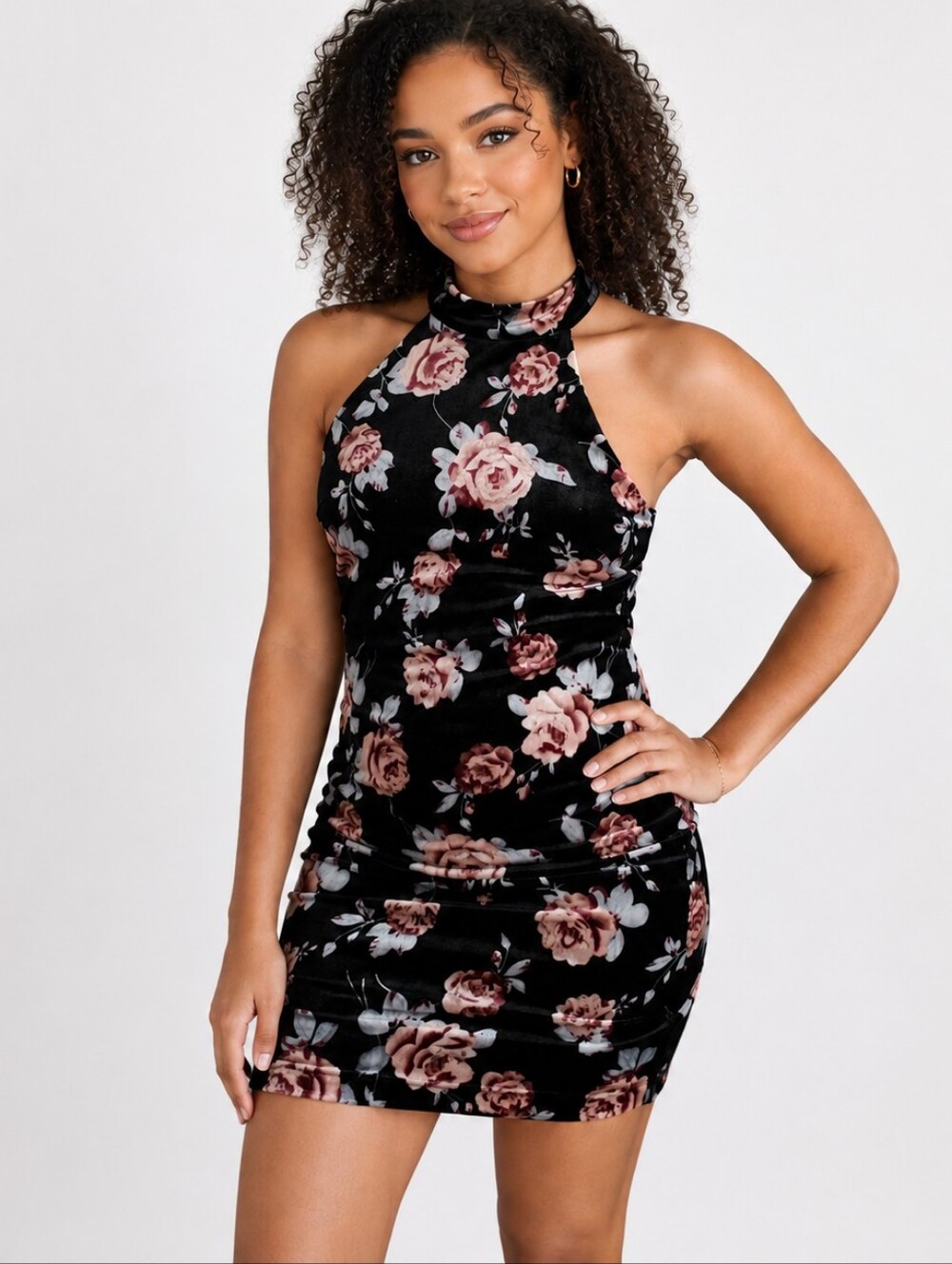 Velvet Floral High Neck Dress